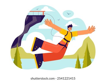 Bungee Jumping Vector Illustration featuring a Person Falling from a Great Height with an Elastic Rope in an Extreme Sport Flat Cartoon Background