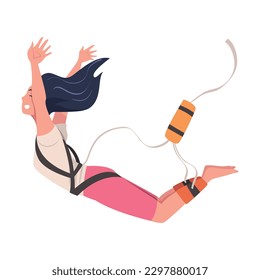 Bungee Jumping with Woman Character Free Falling Down from Great Height Connected to Elastic Cord Vector Illustration