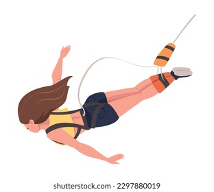 Bungee Jumping with Woman Character Free Falling Down from Great Height Connected to Elastic Cord Vector Illustration