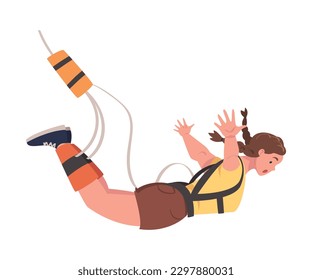 Bungee Jumping with Woman Character Free Falling Down from Great Height Connected to Elastic Cord Vector Illustration