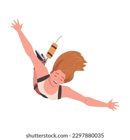 Bungee Jumping with Woman Character Free Falling Down from Great Height Connected to Elastic Cord Vector Illustration