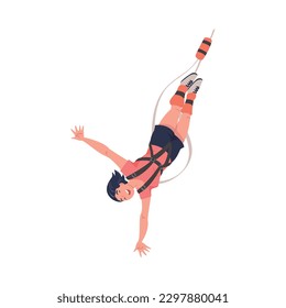 Bungee Jumping with Woman Character Free Falling Down from Great Height Connected to Elastic Cord Vector Illustration