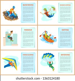 Bungee Jumping Woman And Parkour Man Vector, Rafting Water Sports Performance Of Team In Boat. Hang Gliding And Skydiving, Active Lifestyle Of People