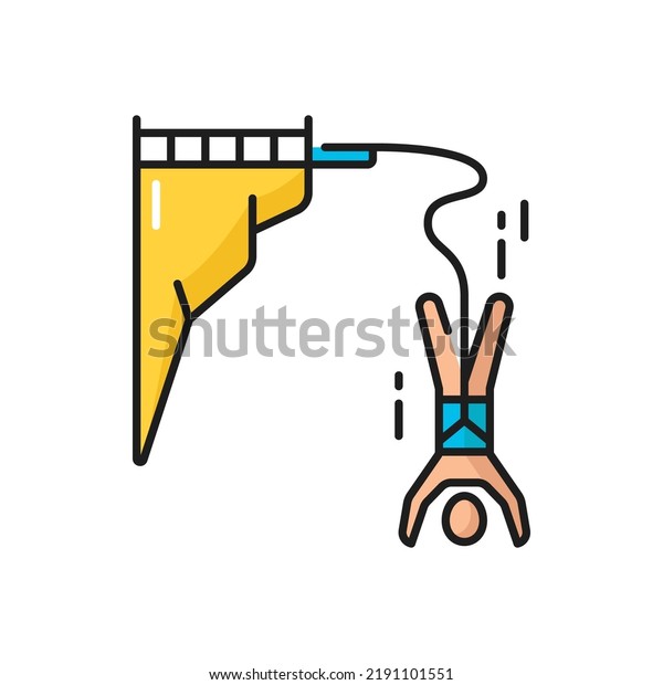 Bungee jumps, person jumps from bridge on rope\
isolated color line icon. Vector bungee jump hobby, entertainment\
in amusement park, extreme activity, woman or man wearing insurance\
falling down