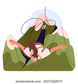 Bungee or rope jumping from top of rock. Excited girl falling upside down with elastic cord from height. Extreme activity in mountains in summer. Flat isolated vector illustration on white background