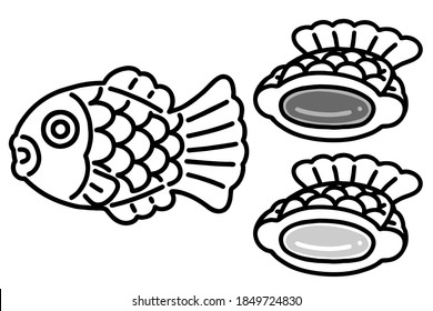 Bungeoppang And Inside Images. It Is A Fish-shaped Pastry Stuffed With Sweetened Red Bean Paste. Vector Line Art Illustrations Set.