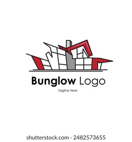 Bunglow- oder Luxusvilla-förmige Logo-Vektorillustration mit Blindtext auf weißem Hintergrund. Glashaus Moderne Vektorgrafik Logo Art.