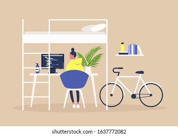 Bunk Bed And A Desk, Home Office Interior, Millennial Freelancer Lifestyle, Young Female Character Working Remotely At Their Apartment