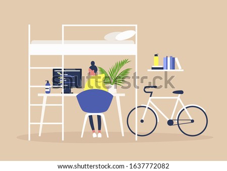 Bunk bed and a desk, Home office interior, Millennial freelancer lifestyle, Young female character working remotely at their apartment