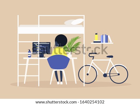 Bunk bed and a desk, Home office interior, Millennial freelancer lifestyle, Young black female character working remotely at their apartment