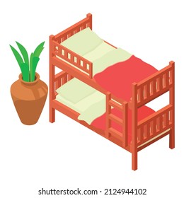 Bunk bed icon isometric vector. Two level bed with bedlinen and potted flower. Bedroom furniture, children room, interior
