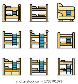 Juego de iconos de la cama de maletero. Conjunto de esquemas de iconos vectoriales de lecho liso color plano sobre blanco