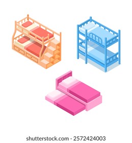 Bunk Bed Isometric Collection Set Illustration Vector