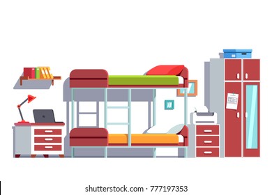 Bunk bed room. Dormitory room interior, wardrobe, bedside table, printer. Dorm bedroom decoration. Bunk bed with steel ladder. Flat vector illustration.