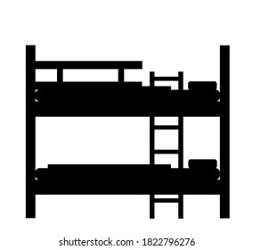 Bunk bed vector silhouette illustration isolated on white background. Double decker sleeping hostel bed.