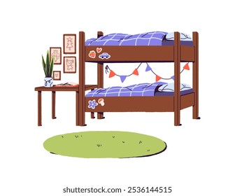 Bunk bed and workplace in nursery room. Modern kids bedroom with desk, carpet and cozy decor. Design of home interior, homely decoration. Flat isolated vector illustration on white background