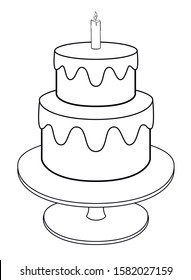 Bunk cake on a stand with icing and one candle. Holiday cake - vector linear picture for coloring. Outline. Hand drawing.