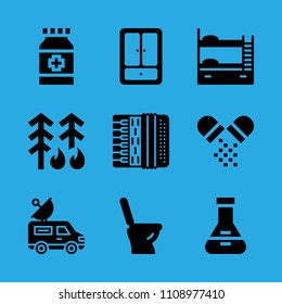 bunk, closet, accordion, pills, toilet, van, medicine, forest fire and flask vector icon. Simple icons set