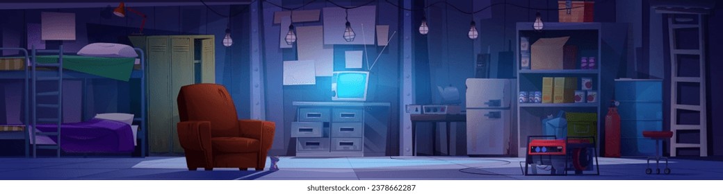 Bunker basement room interior. Vector cartoon illustration of dark underground shelter with bunk bed, tv and armchair, fire extinguisher, gas container, cooker, power generator, canned food on shelf