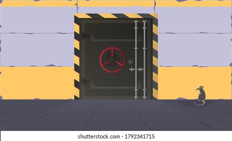 Bunker in a flat style. Large metal doors from the bunker. Armored door. Vector.