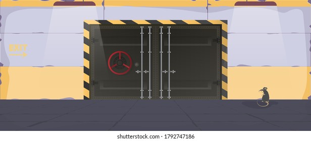 Bunker en un estilo plano. Grandes puertas metálicas del búnker. Puerta blindada. Vector.