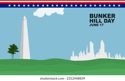 ein Bunkerbaum mit einem Baum und die Silhouette eines BOSTON-Gebäudes bei sonnigem Wetter zum BUNKER HILL TAG am 17. Juni
