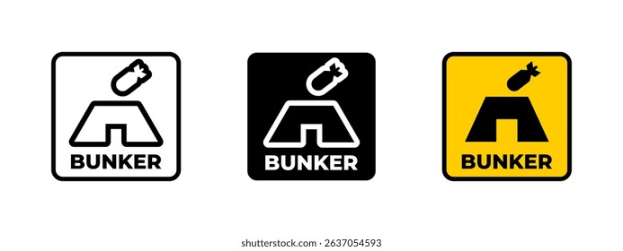 Bunker icon. Bomb dropping over reinforced shelter vector illustration. Underground protection from aerial attacks symbol. Military defense and shelter location sign. Survival facility pictogram.