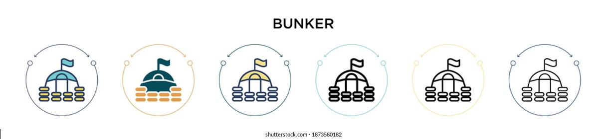 Icono de búnker en estilo relleno, delgado, contorno y trazo. Ilustración vectorial de dos iconos vectoriales coloridos y negros se pueden utilizar para móviles, ui, web
