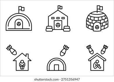 Bunker icon set, Emergency defense space during airstrikes or explosions pictogram, vector illustration on white background