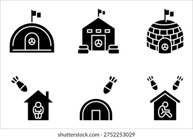 Bunker icon set, Emergency defense space during airstrikes or explosions pictogram, vector illustration on white background