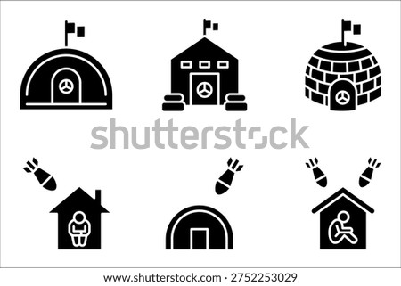 Bunker icon set, Emergency defense space during airstrikes or explosions pictogram, vector illustration on white background