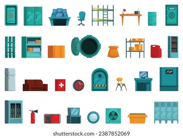 Iconos interiores de Bunker establecen el vector de dibujos animados. Localizador de cama. Nuclear secreto científico