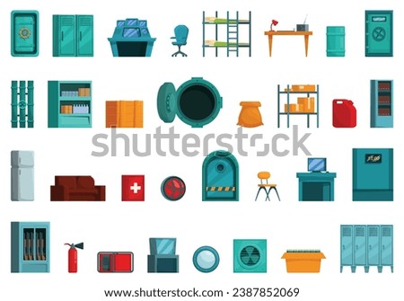 Bunker interior icons set cartoon vector. Bed locker. Science secret nuclear