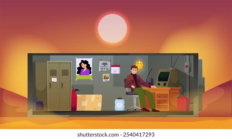 Bunker with man in a lifeless desert area. Vector cartoon shelter room interior with hopper door, stocks storage, water, control command station with retro walkie talkie and computer