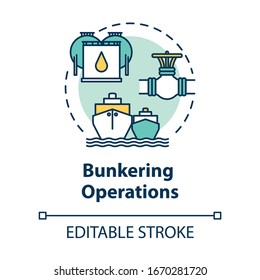 Bunkering operation concept icon. Supplying ship with fuel. Providing petroleum to boat. Vessel maintenance idea thin line illustration. Vector isolated outline RGB color drawing. Editable stroke