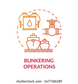 Bunkering operation red concept icon. Supplying ship with fuel. Providing petroleum to boat. Vessel maintenance idea thin line illustration. Vector isolated outline RGB color drawing