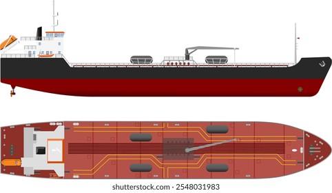 Bunkering Tanker Vessel. Side and top profile of a fuel tanker ship typically used for bunkering larger vessels. Isolated vector illustration.