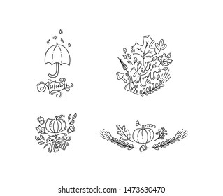 Bunlde set of vector illustration monoline calligraphy autumn phrases. Hand drawn autumnal elements pumpkin, umbrella and leaves isolated. Perfect for seasonal holidays, Thanksgiving Day