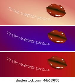Bunner for Chocolate day. Vector illustration. Tempting chocolate candy in the form of kissing lips on color background. Useful for wrapping paper, wrap box, design wrap of chocolate products .
