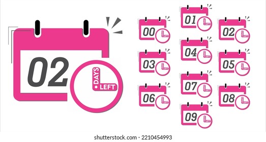 Bunner countdown days range. Counting days left for sale. Nine, eight, seven, six, five, four, three, two, one, zero days left. Pink vector illustration with white background