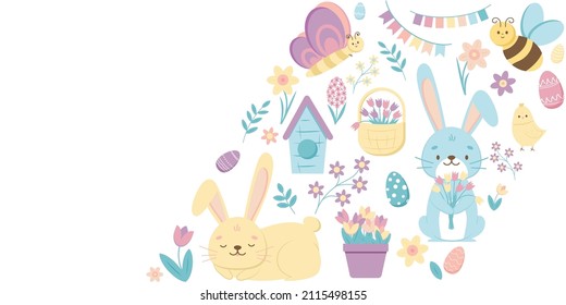 Bunner with Easter design elements, cartoon characters and floral elements. Bunny, chicken, butterfly, eggs and flowers. Vector illustration.