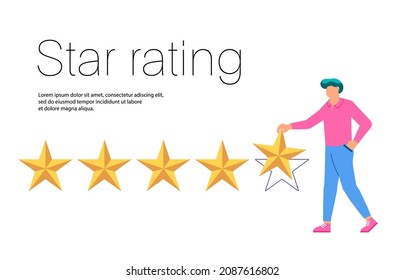 Bunner with man giving five star rating, feedback concept. Flat Art Vector illustration.