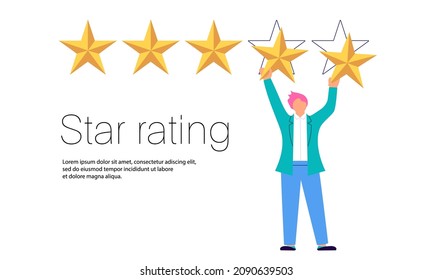 Bunner with man giving five star rating, feedback concept. Flat Art Vector illustration.