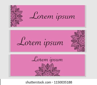 Bunner template set with mandala ornament Vector card design. Front page and back page. Ottoman, arabic, oriental, turkish, indian, pakistan motif.