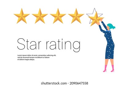Bunner with woman giving five star rating, feedback concept. Flat Art Vector illustration.