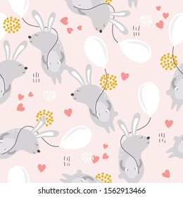 Bunnies, air ballons and hearts hand drawn backdrop. Colorful seamless pattern with animals. Decorative cute wallpaper, good for printing. Overlapping background vector. Design illustration, rabbits