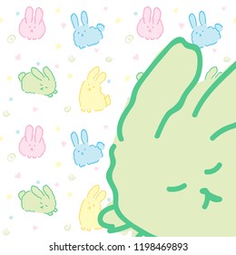 Bunnies background card with pattern cute rabbits fluffy kawaii wallpaper green sleepy bunny card design with close up portrait of rabbit Easter kawaii hare design vector with copy space