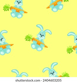 Bunnies are blue with orange carrot on a yellow background. Seamless pattern. Gift packaging and label. Funny animals and soft toys. Products for chil