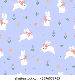 Bunnies with Bows and Flowers Seamless Pattern on Light Blue