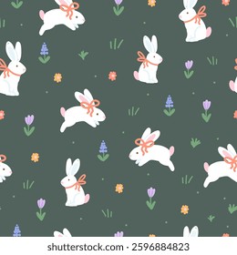 Bunnies with Bows and Flowers Seamless Pattern